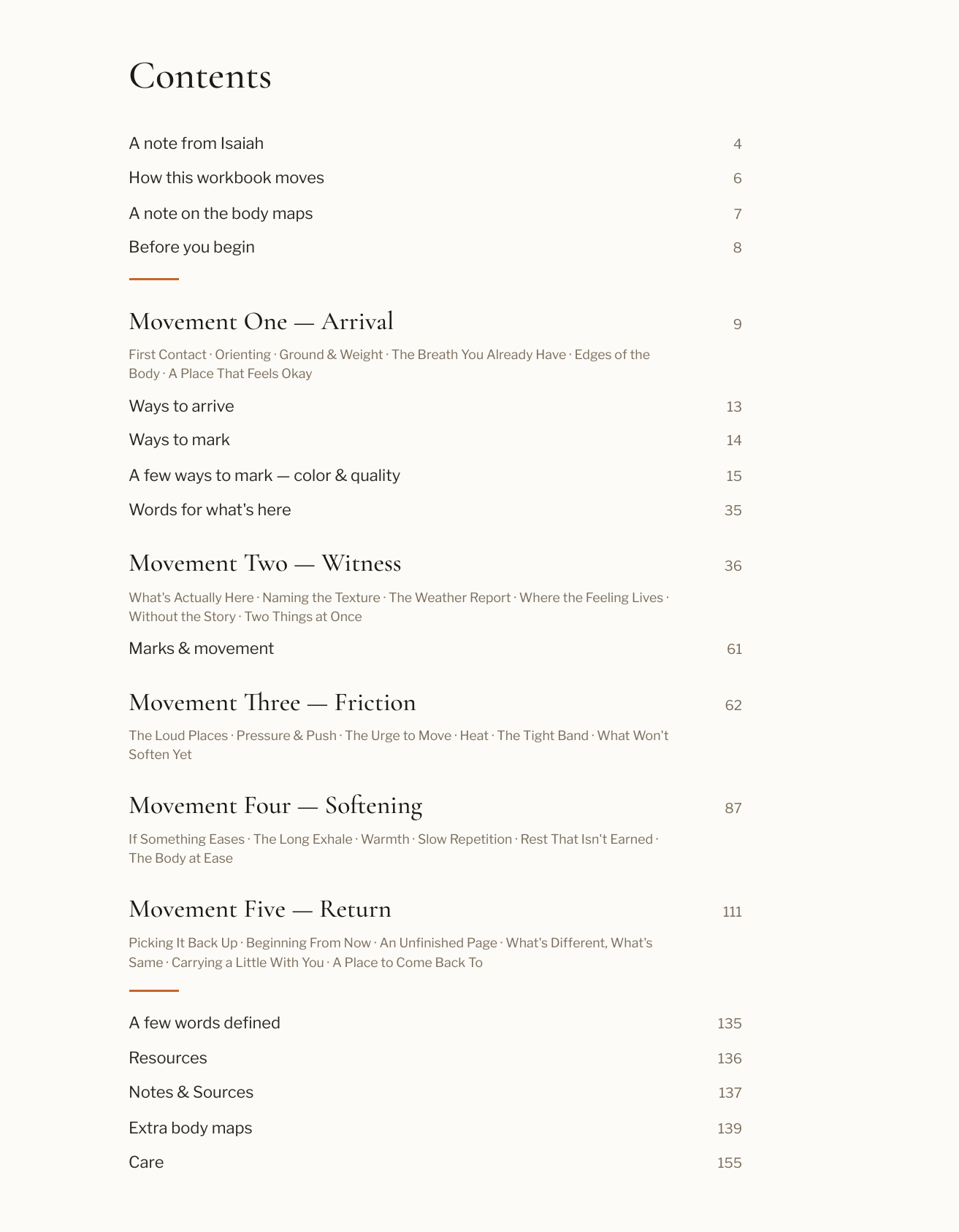 The contents page listing five movements: Arrival, Witness, Friction, Softening, and Return, with their sessions.