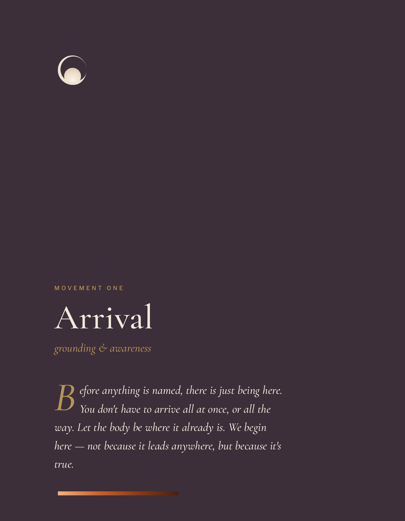 The Arrival movement opener, cream text on a dark plum ground.