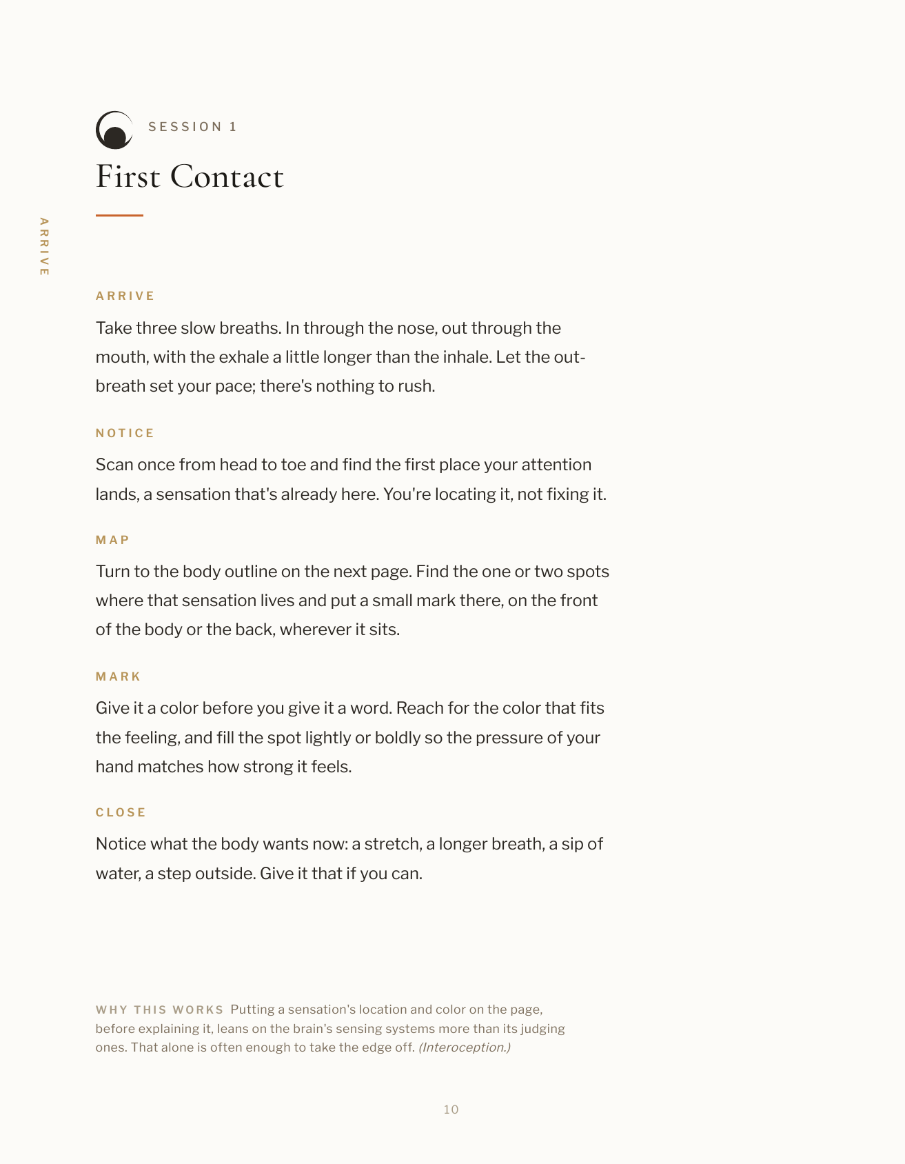 A session guidance page showing arrive, notice, map, mark, close, with a note on why it helps.