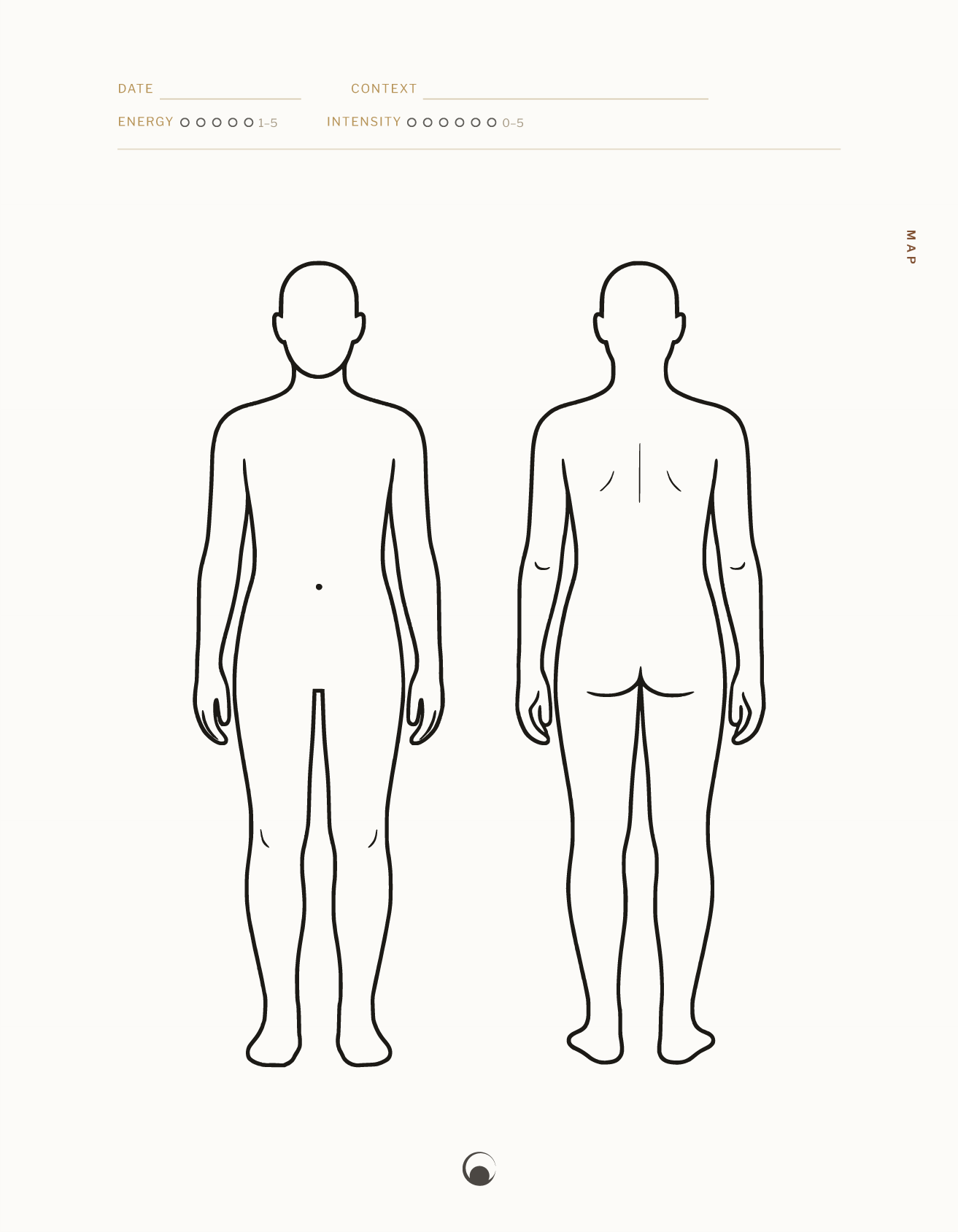 A blank body map with front and back outlines, ready to mark and color.